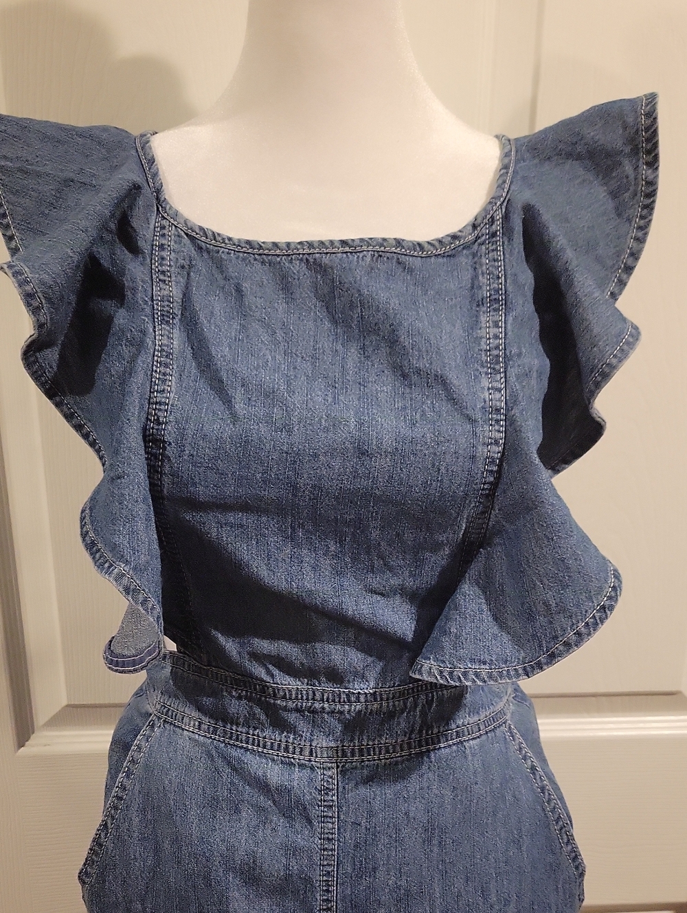 Denim Ruffle-Waist Women's Jeans Jumpsuit - Blue